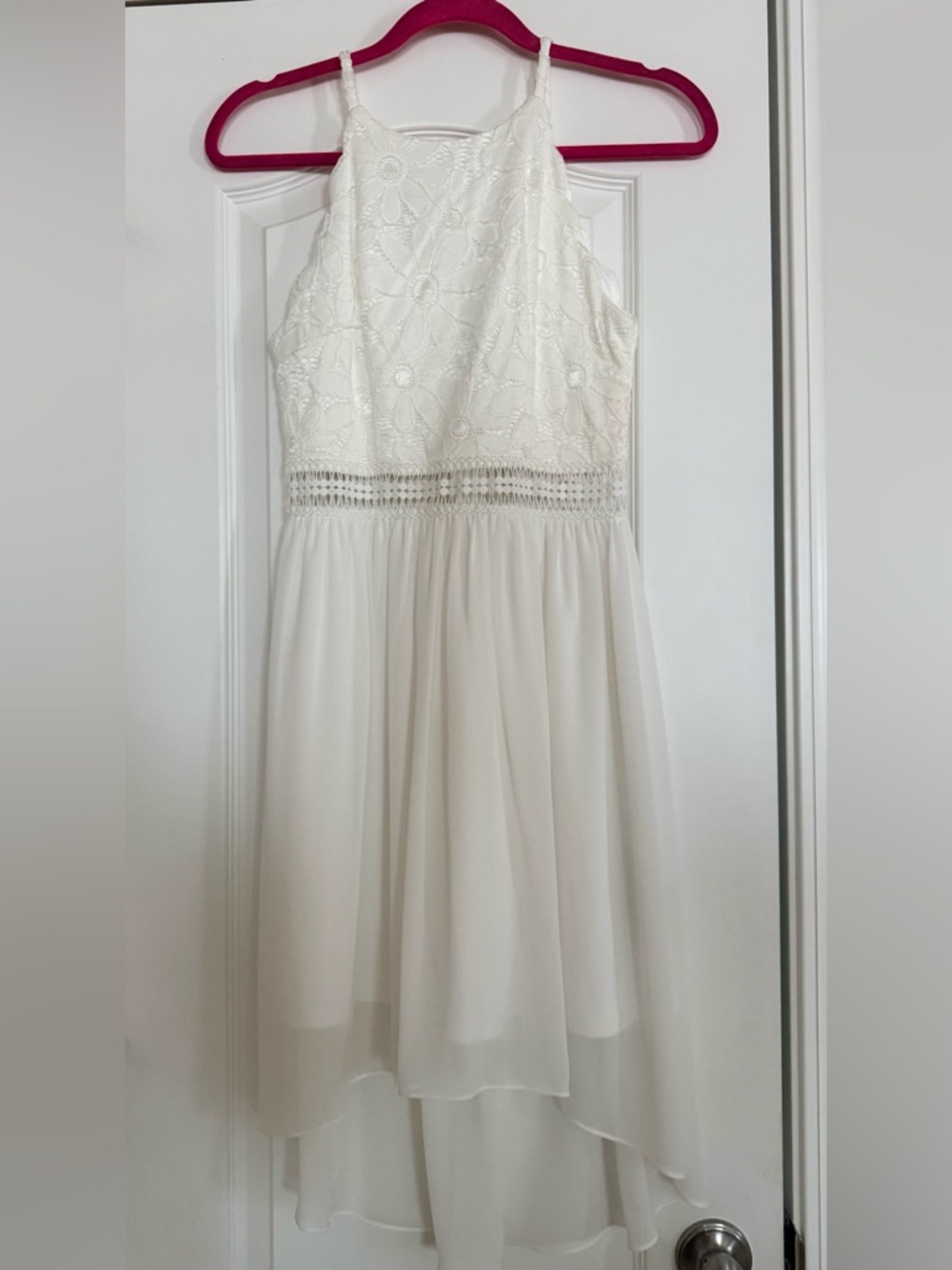 Iz Byer Cream Lace Bodice High-Low Midi Dress